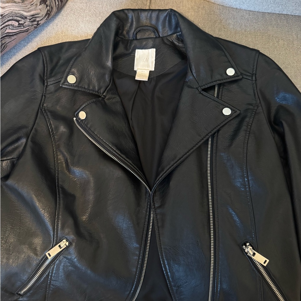 H&M Black Leather Biker Jacket with Silver Zippers